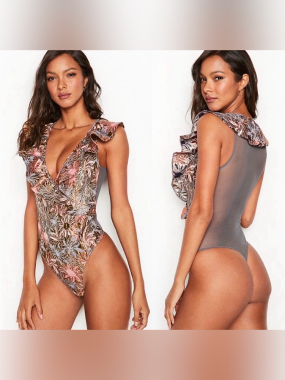 Victoria’s Secret Runway Floral Brocade Ruffle Illusion Bodysuit Size L